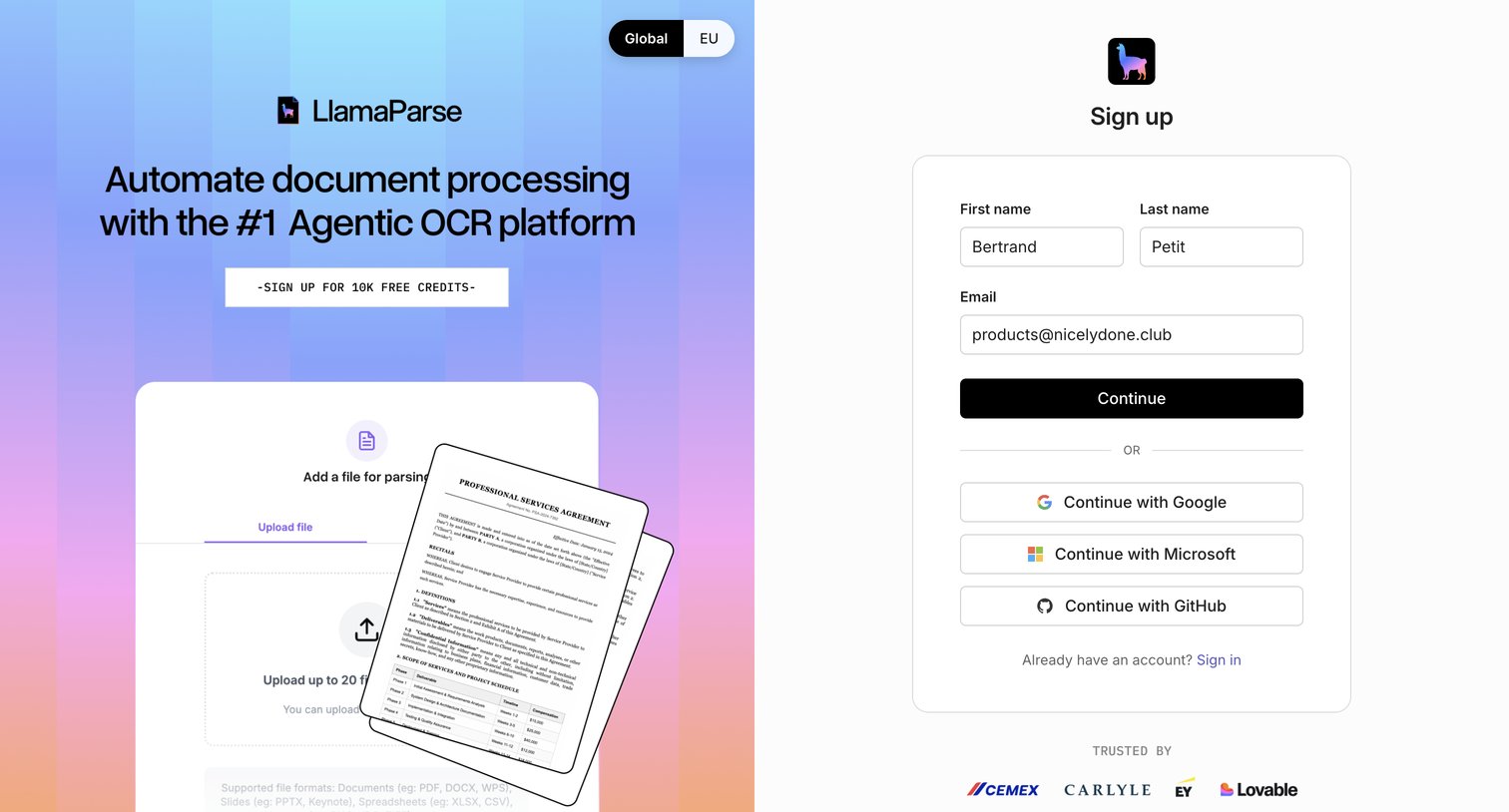 Llamaindex - Sign up screen