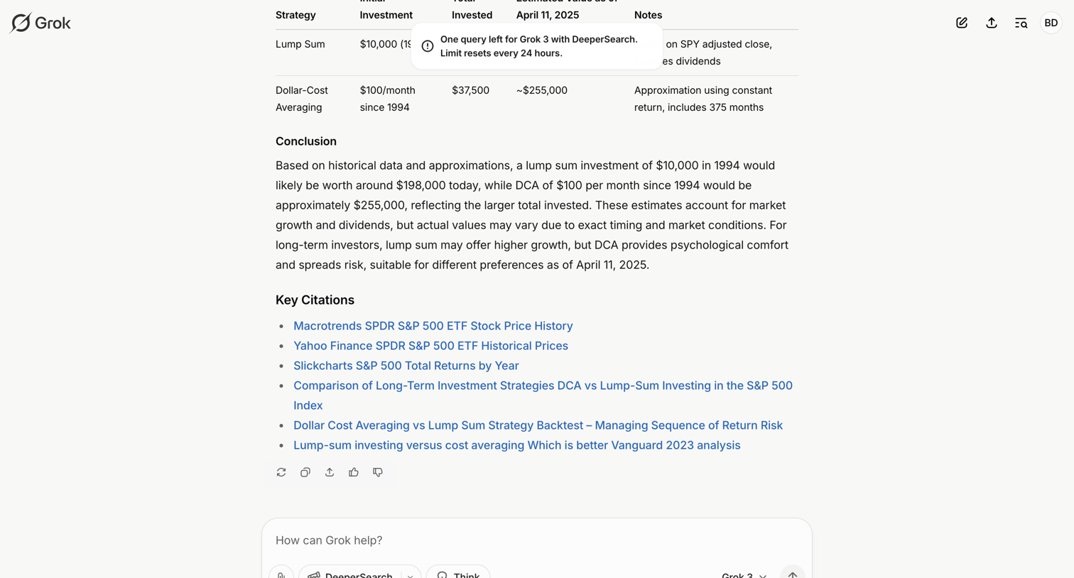 Grok - S&P 500 Investment Strategies: DCA vs. Lump Sum - Grok screen