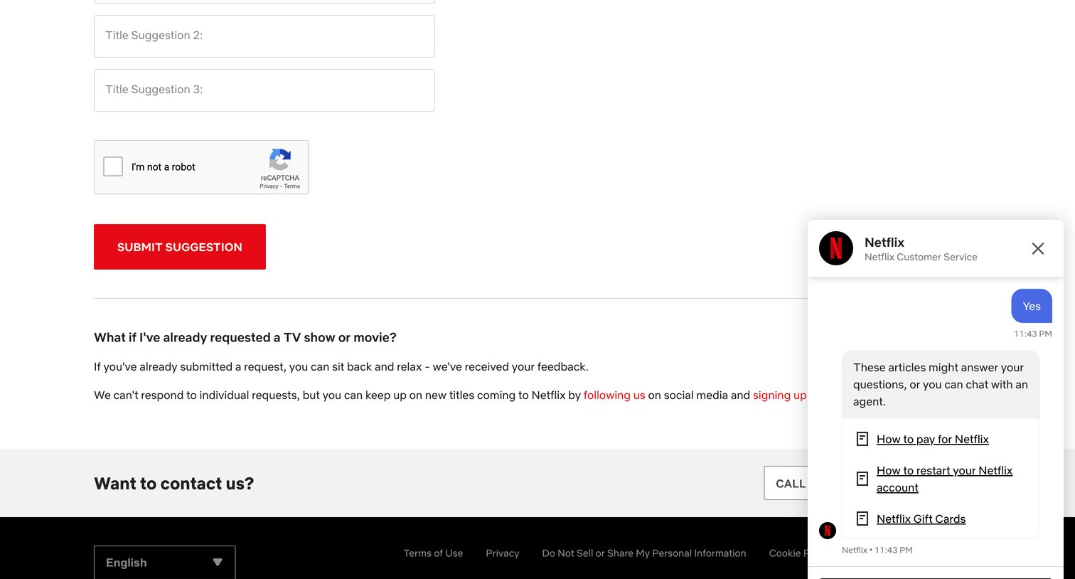 Netflix - Request TV shows or movies screen
