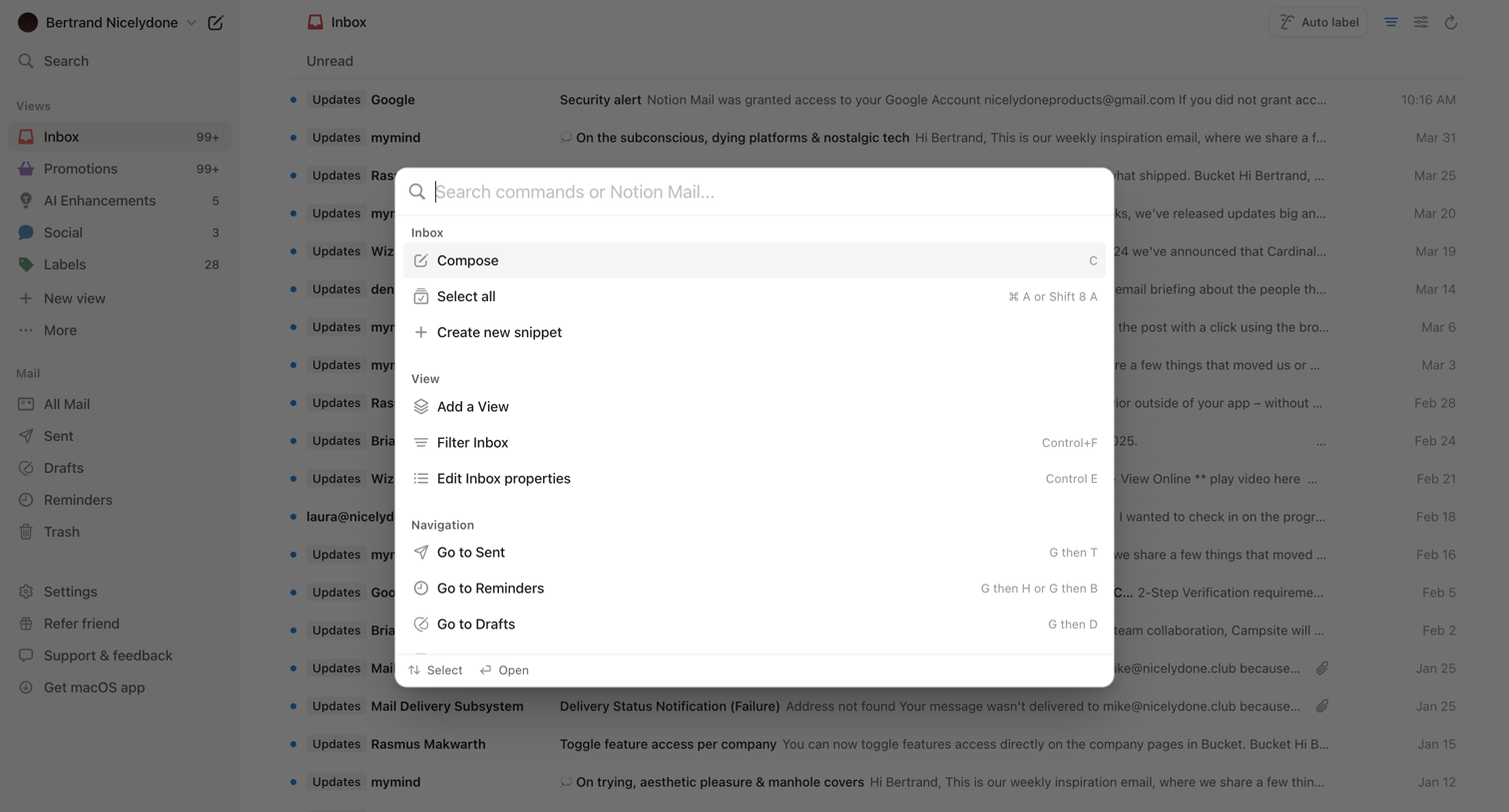 Notion Mail - 99+ • Inbox • nicelydoneproducts@gmail.com • Notion Mail screen