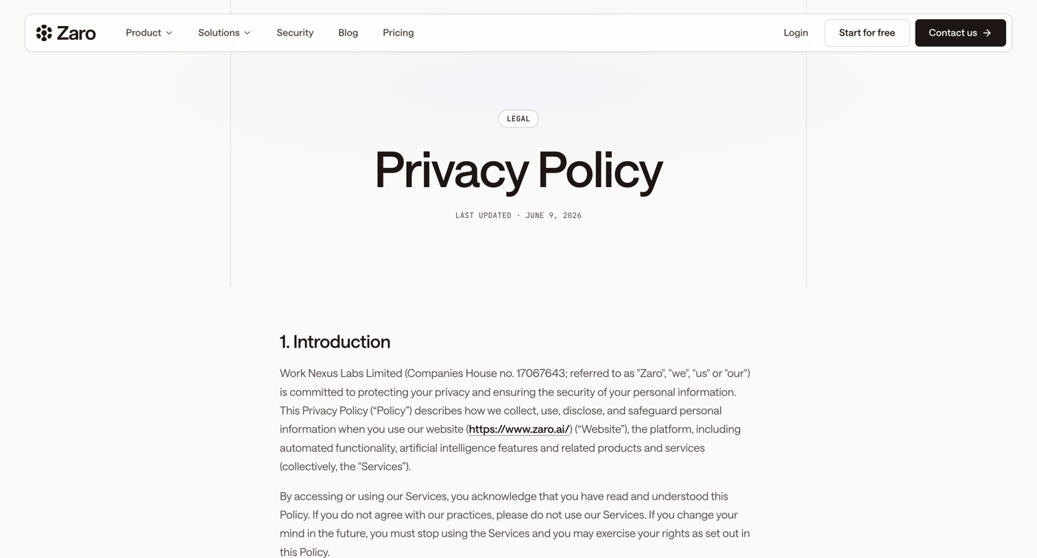 Zaro - Privacy Policy - Zaro screen