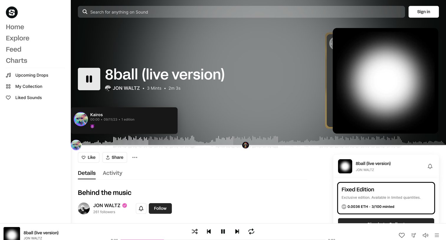 Sound.xyz - 8ball live version • JON WALTZ screen
