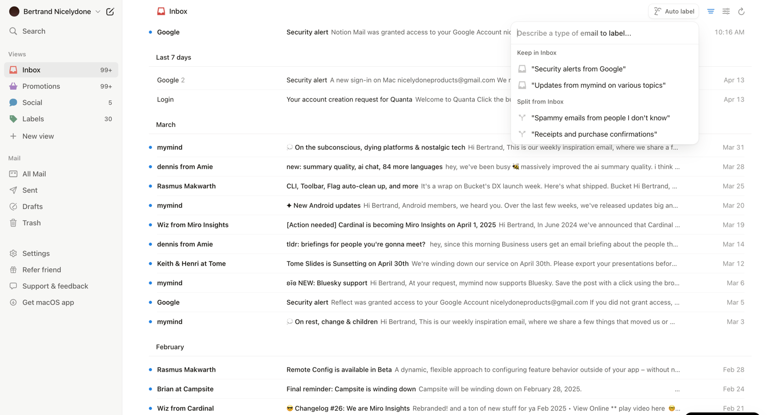 Notion Mail - 99+ • Inbox • nicelydoneproducts@gmail.com • Notion Mail screen