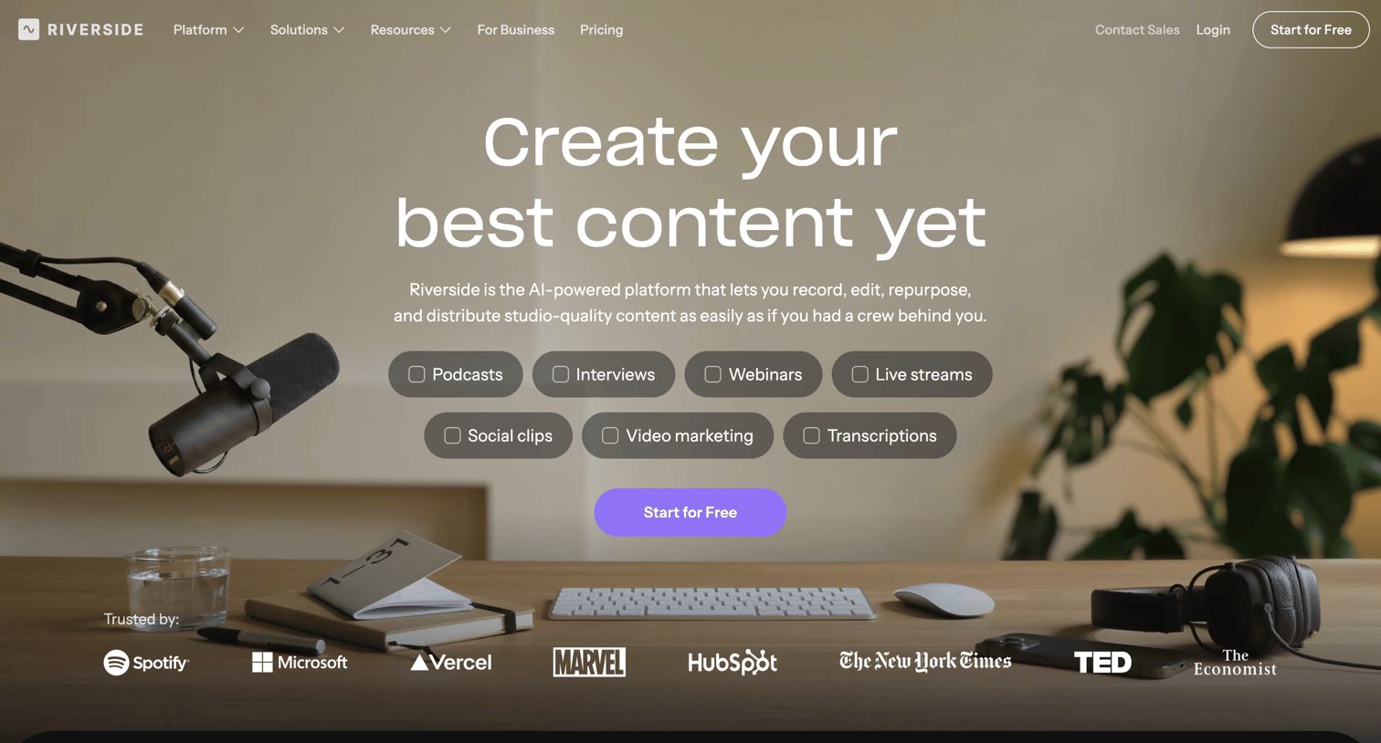 Riverside - Riverside: HD Podcast & Video Software | Free Recording & Editing - hover: Contact Sales screen