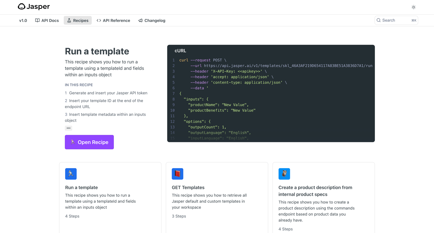 Jasper - Recipes screen