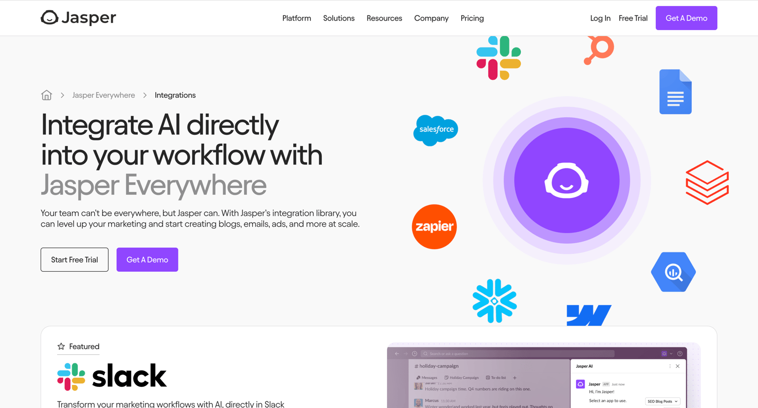 Jasper - Jasper Integrations - Integrate AI directly into your workflow screen