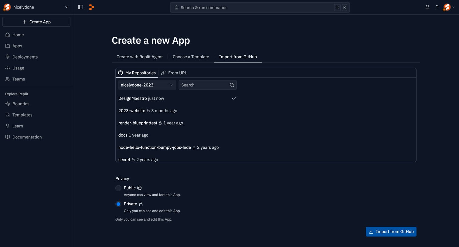 Replit - Create a new App - Replit screen