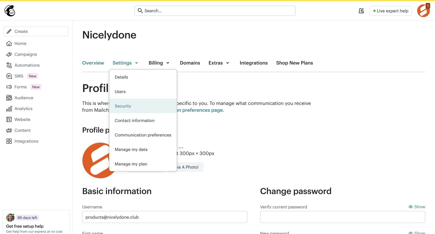 Mailchimp - Profile | Mailchimp screen