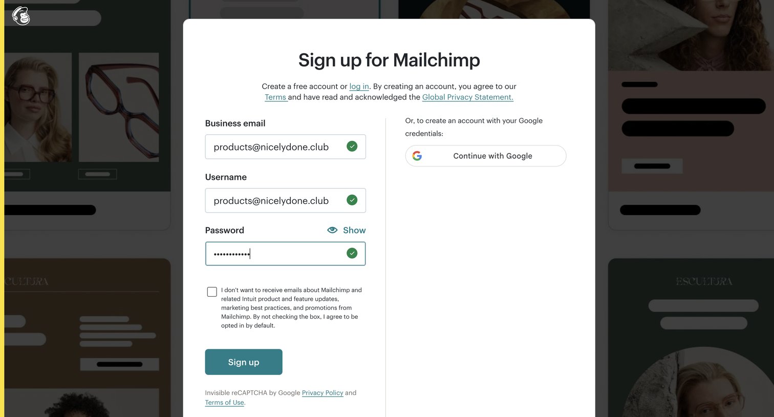 Mailchimp - Sign Up for Mailchimp screen