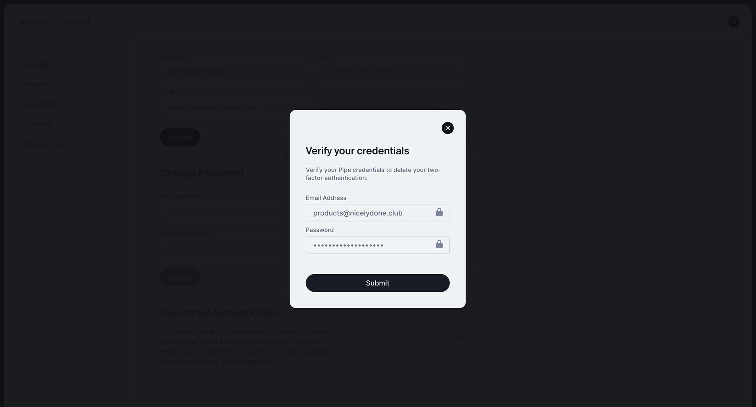 Pipe - Account screen