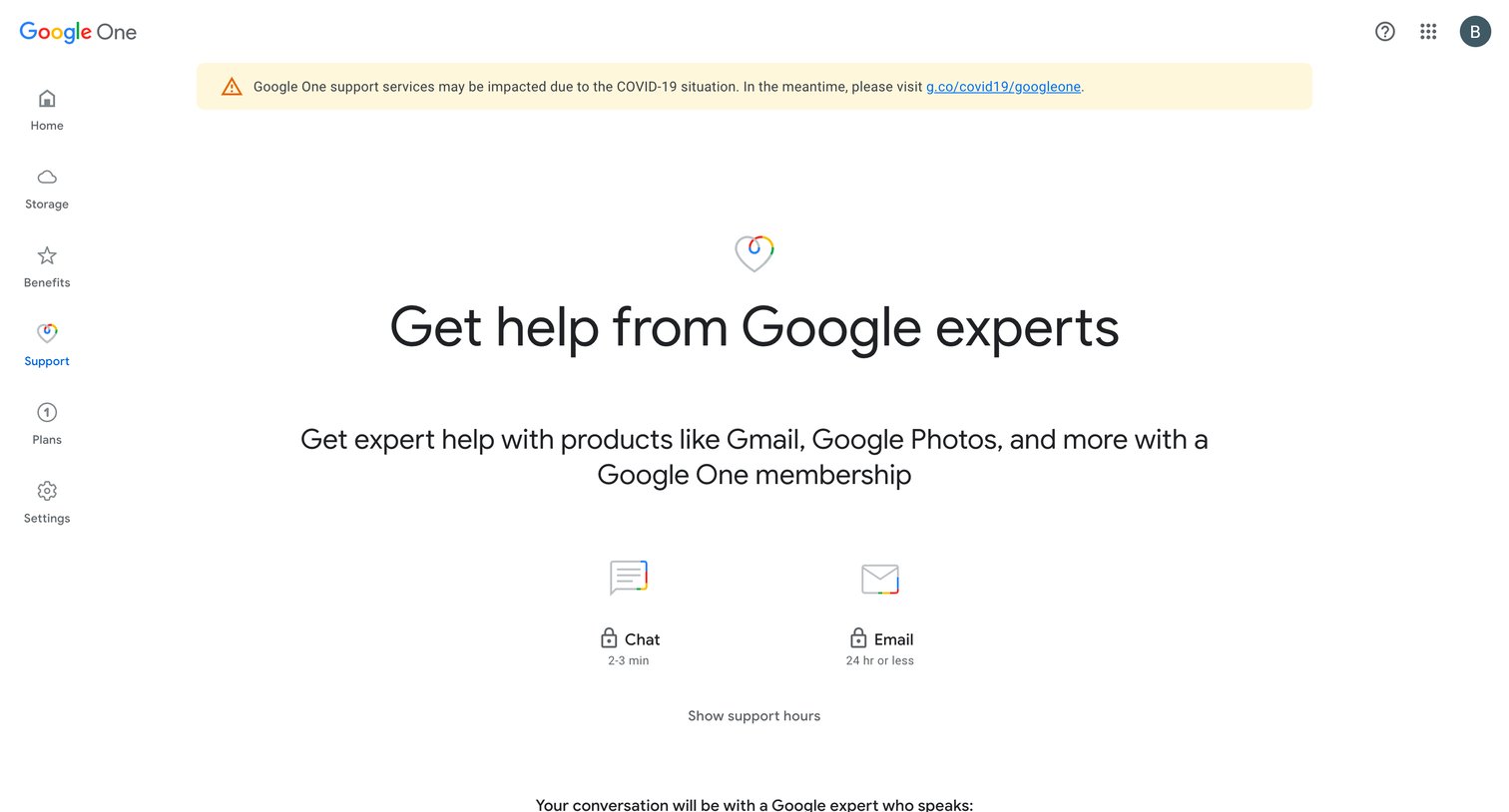 Google One - Google One Support screen