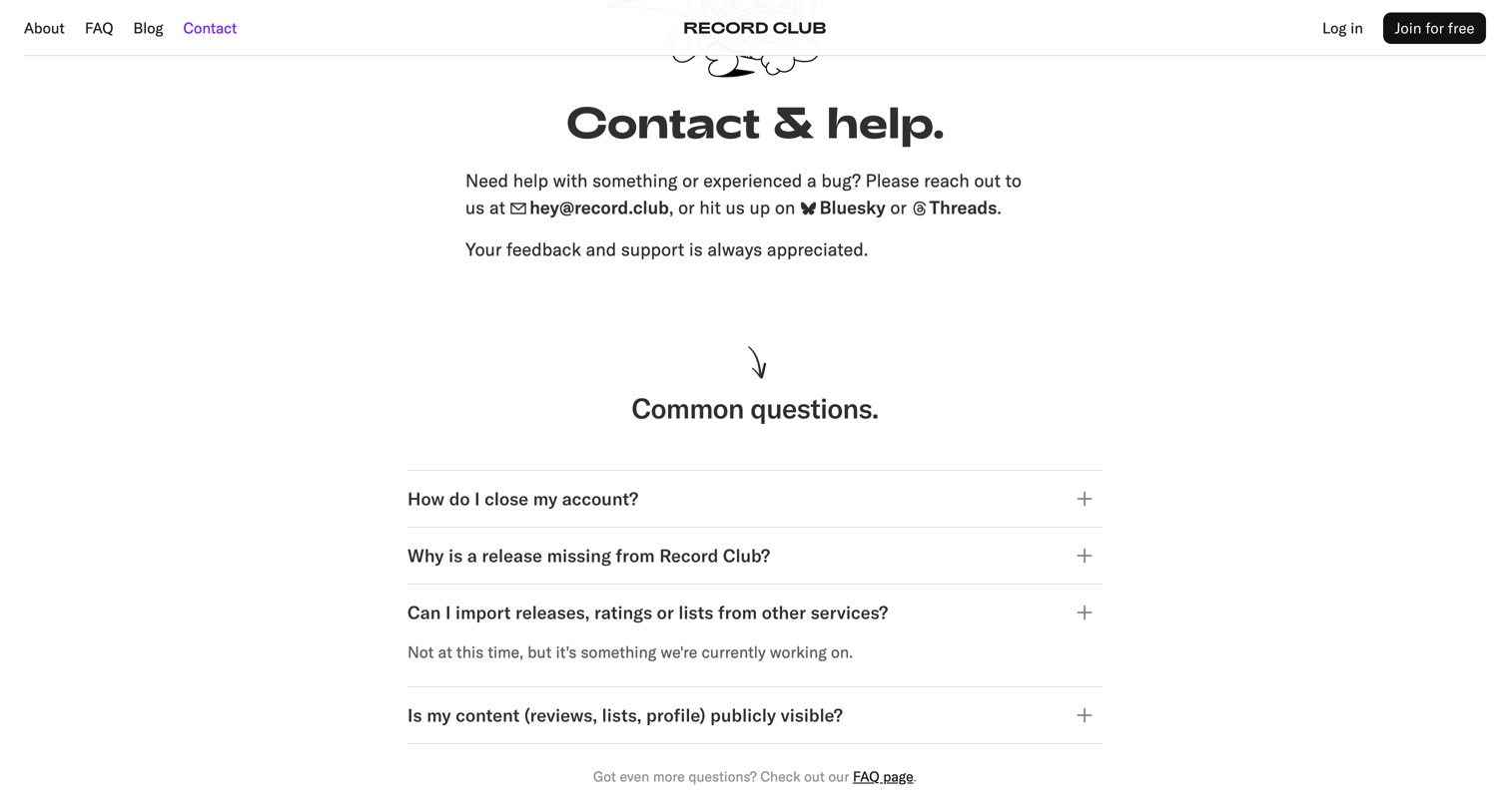 Record club - Contact & Help – Record Club screen