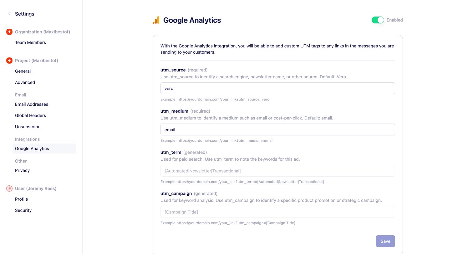 Vero - Google Analytics | Vero screen