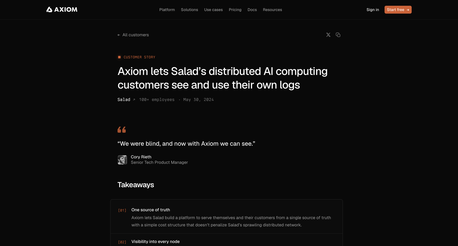 Axiom - Axiom lets Salad’s distributed AI computing customers see and use their own logs - Axiom screen