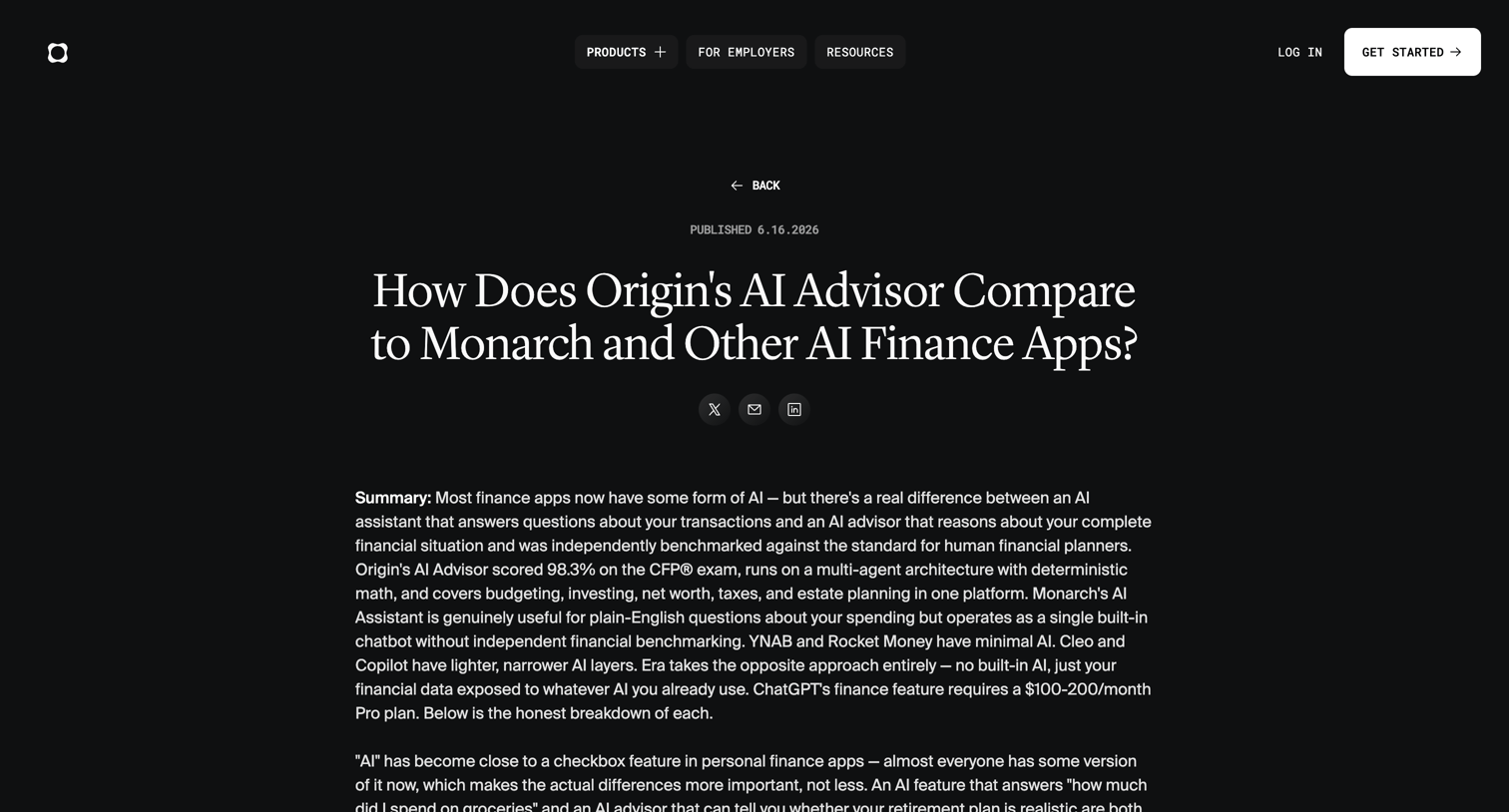 Origin Financial - How Does Origin's AI Advisor Compare to Monarch and Other AI Finance Apps? screen