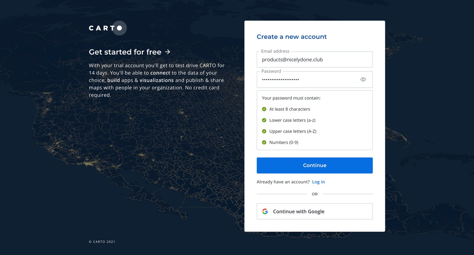 Carto - CARTO Accounts screen