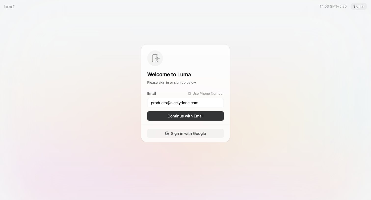 Luma - Sign In · Luma screen