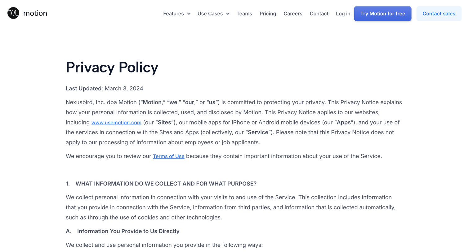 Motion - Privacy Policy screen