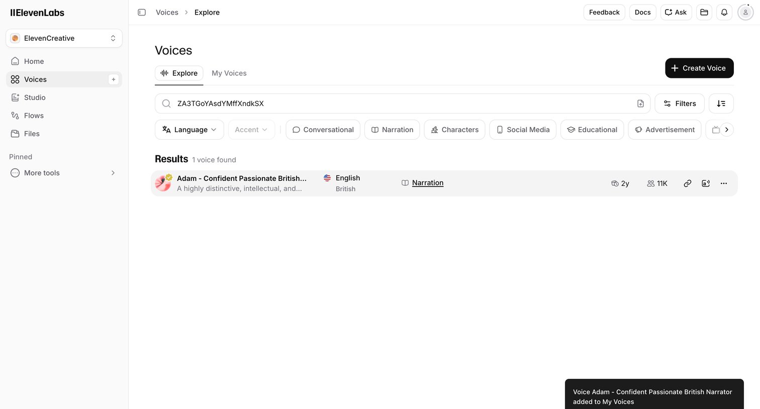 Elevenlabs - Voices | ElevenLabs screen