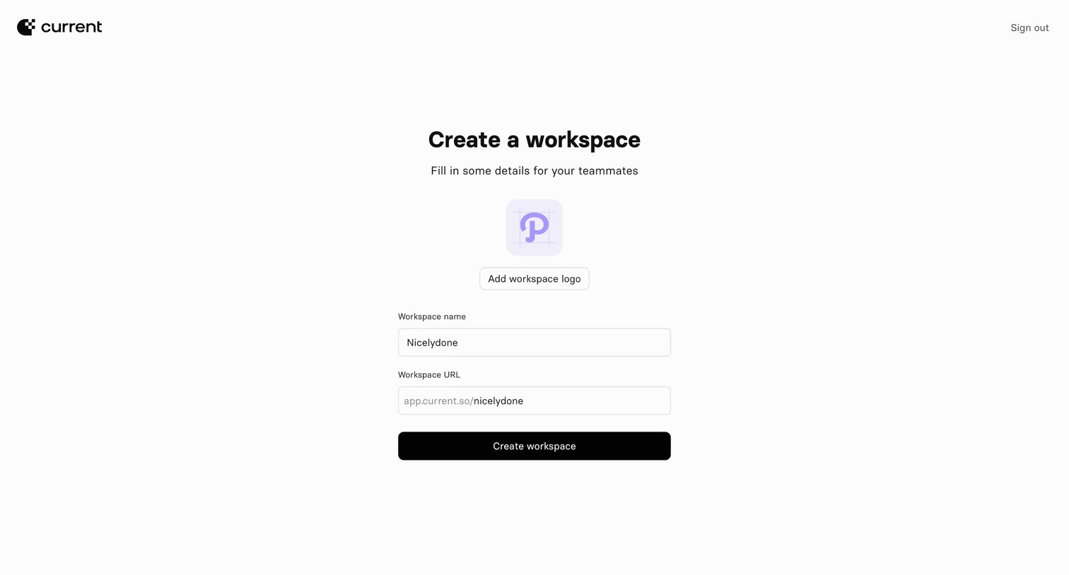 Current - Current — Create Workspace screen