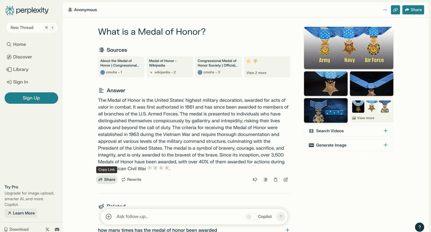 Perplexity - What is a Medal of Honor screen