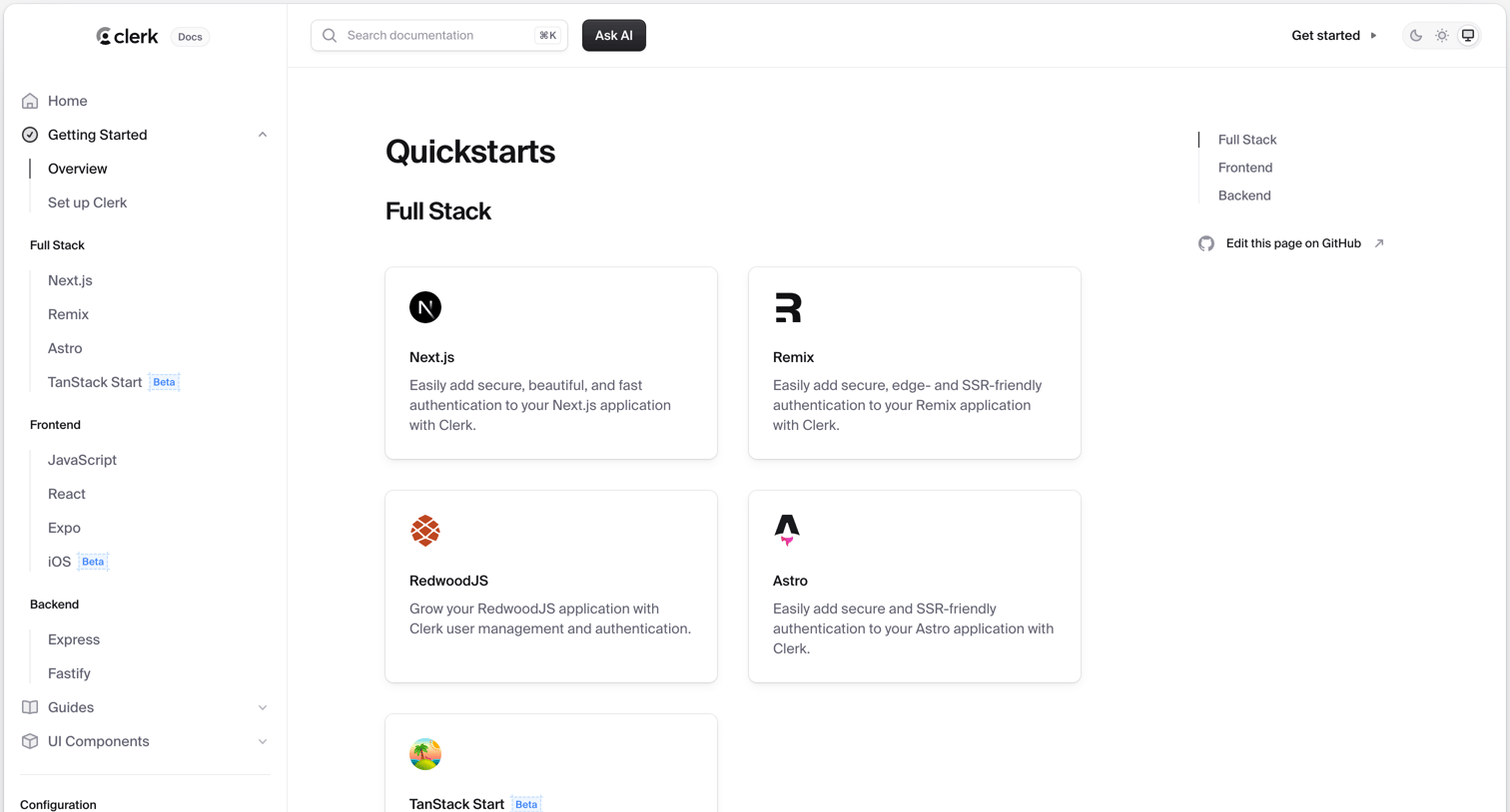 Clerk - Quickstarts screen