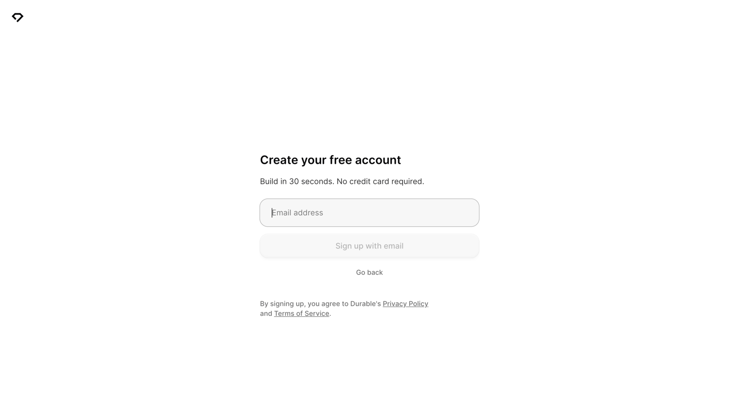 Durable - Durable Sign Up - Launch your site today screen