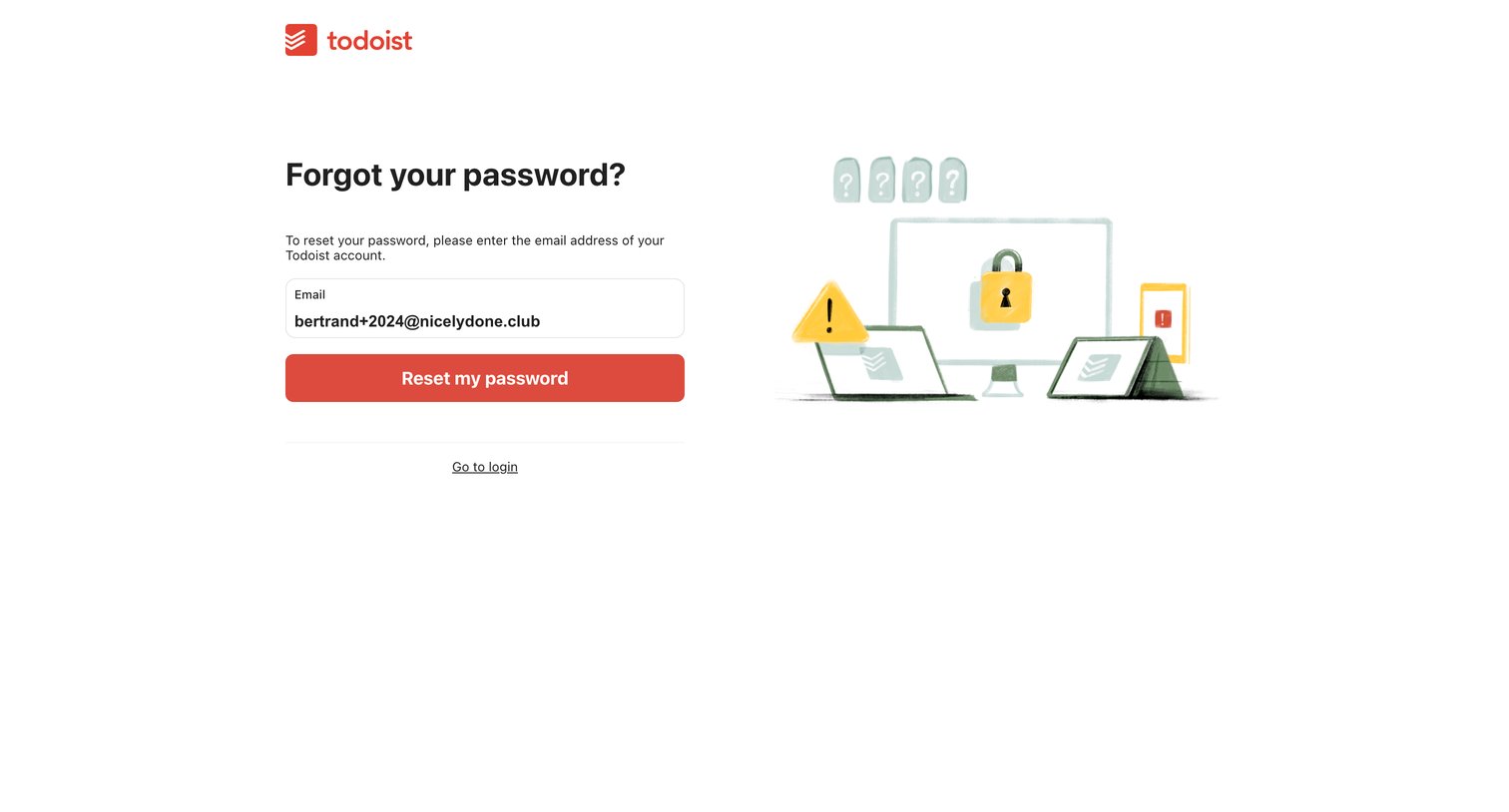 Todoist - Cant sign in Forgot your password screen
