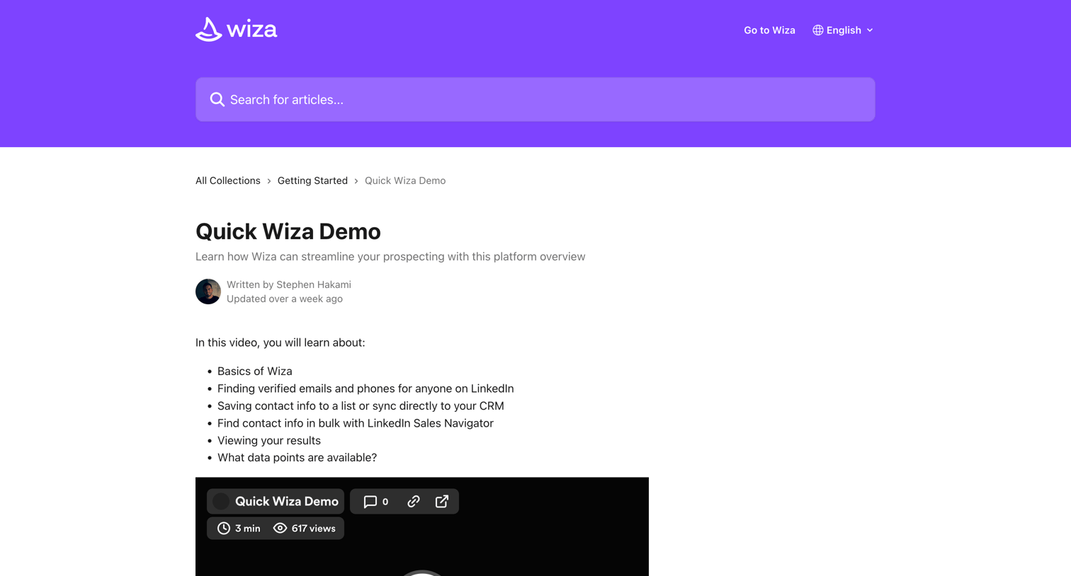 Wiza - Quick Wiza Demo | Wiza Help Center screen