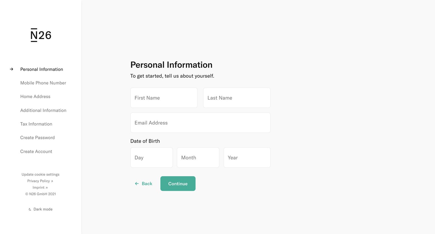 N26 - Personal Information — N26 screen