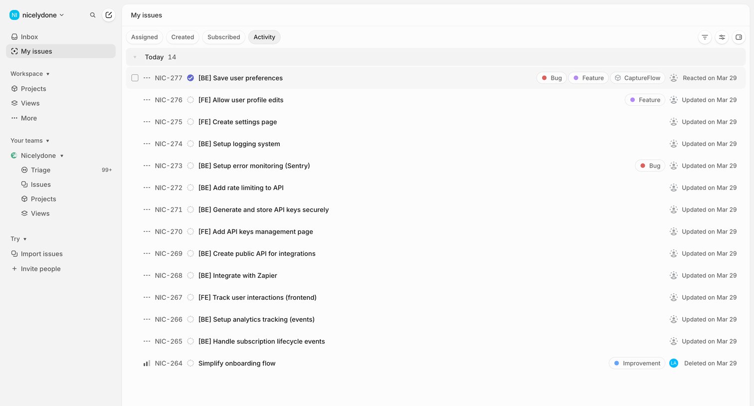 Linear - My issues › Activity screen