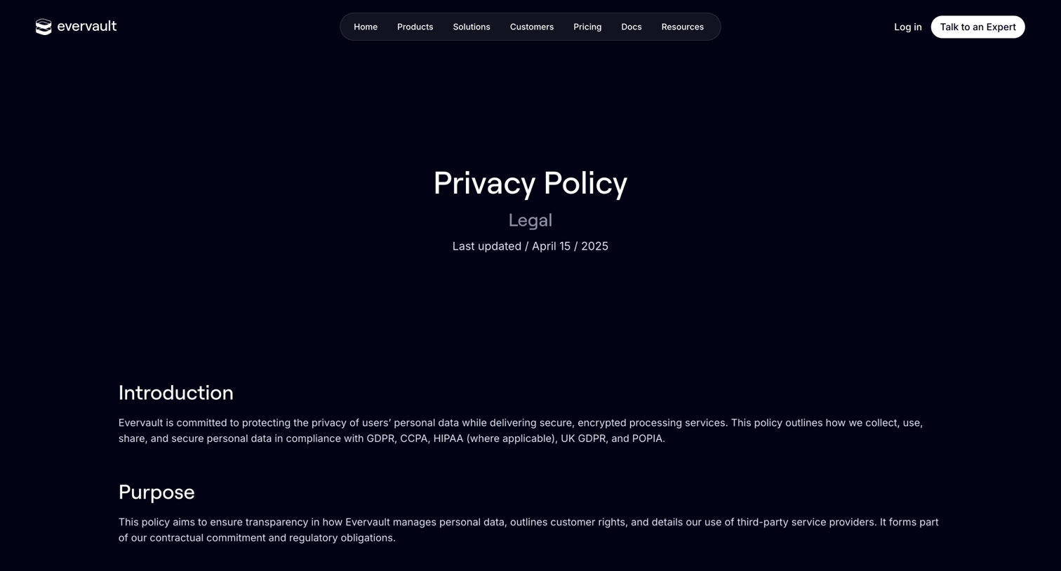 Evervault - Privacy Policy — Evervault screen