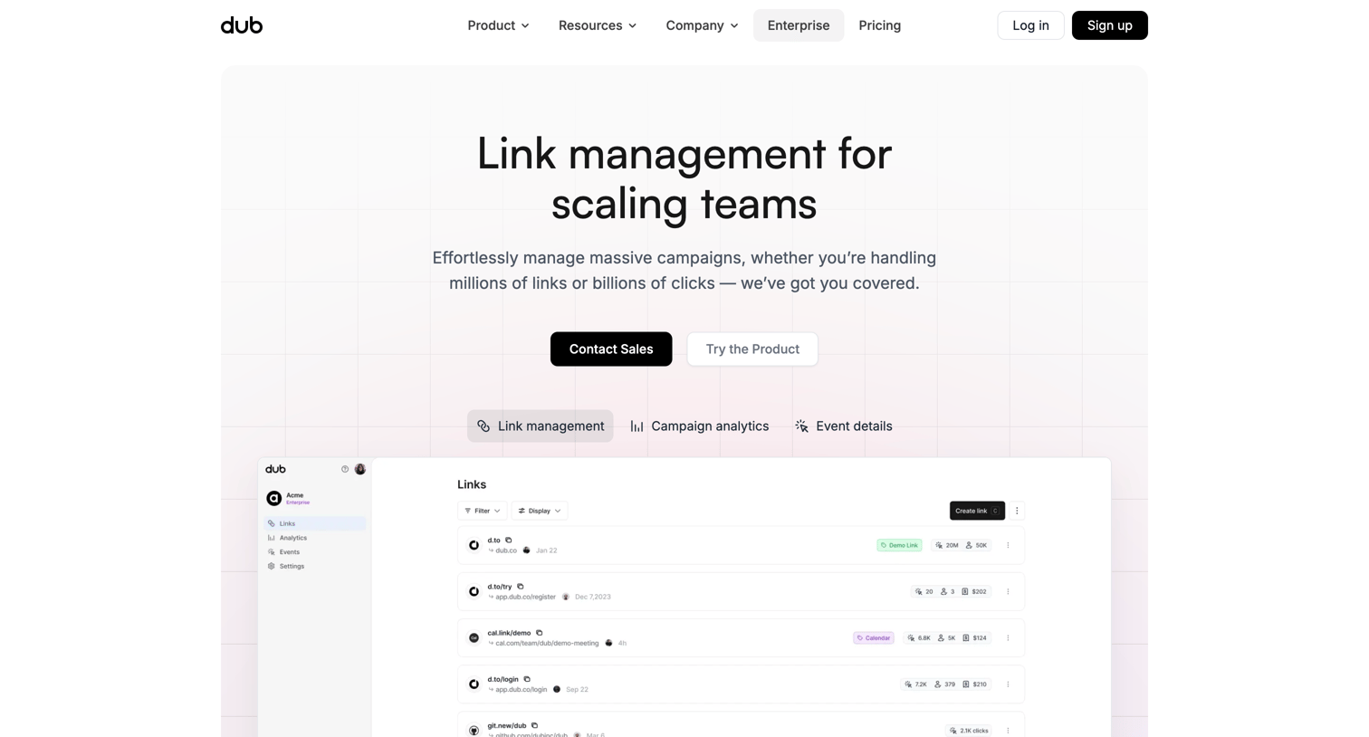 Dub - Enterprise | Dub.co screen