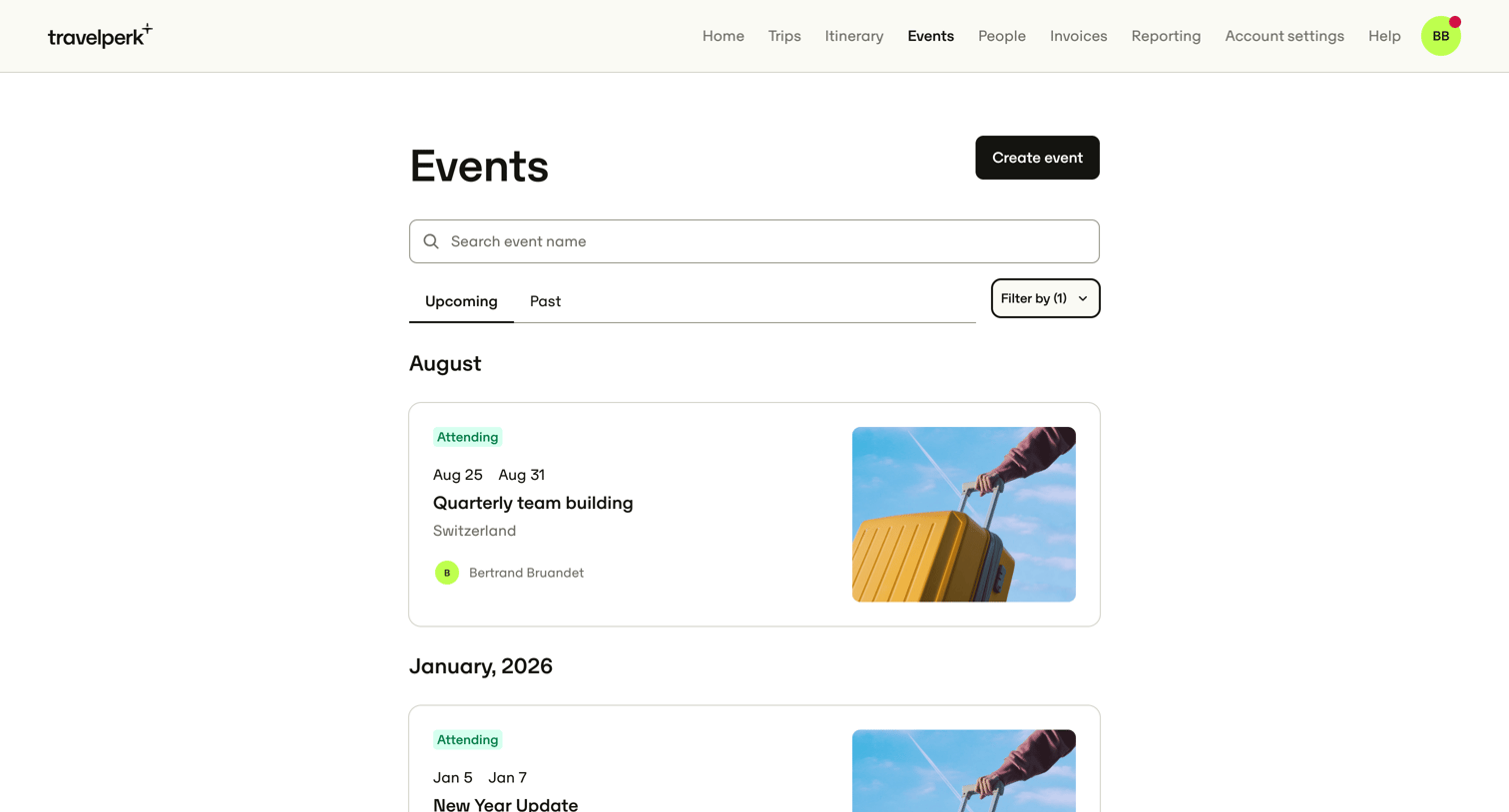 Travelperk - Events — TravelPerk screen