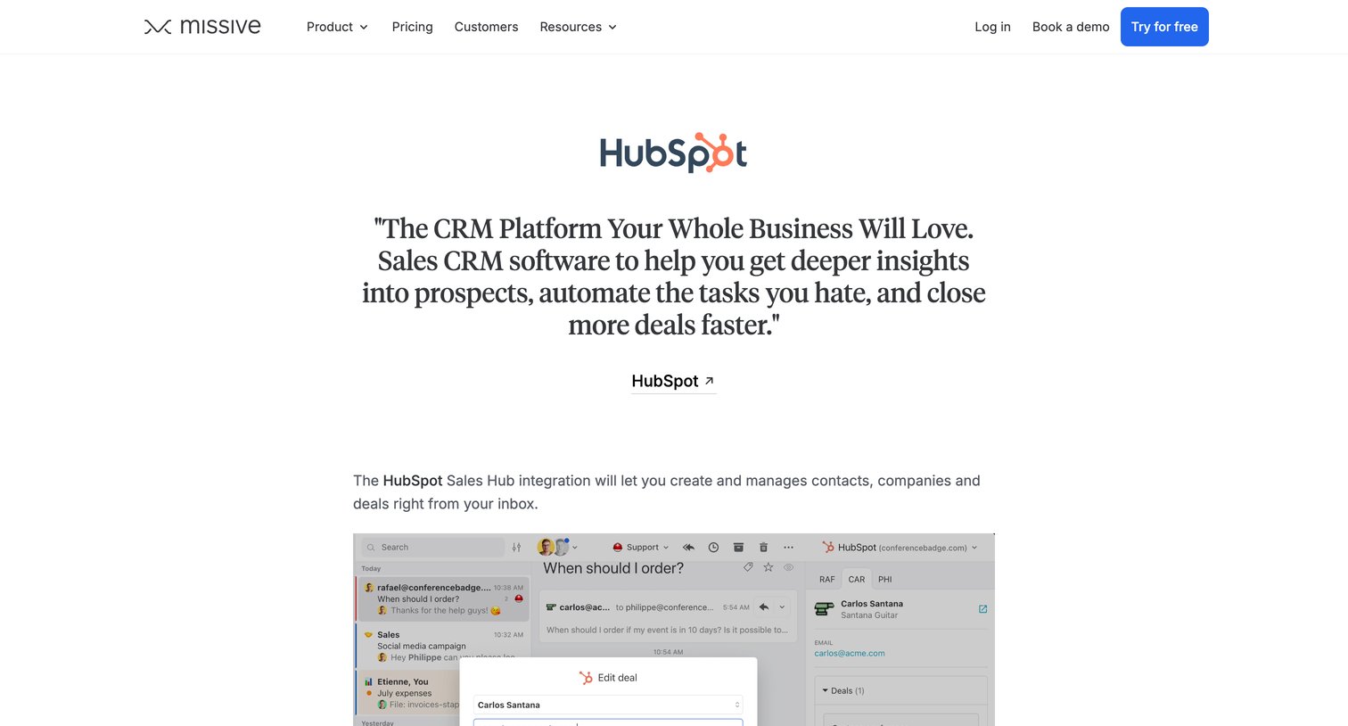 Missive - HubSpot Integration · Missive screen