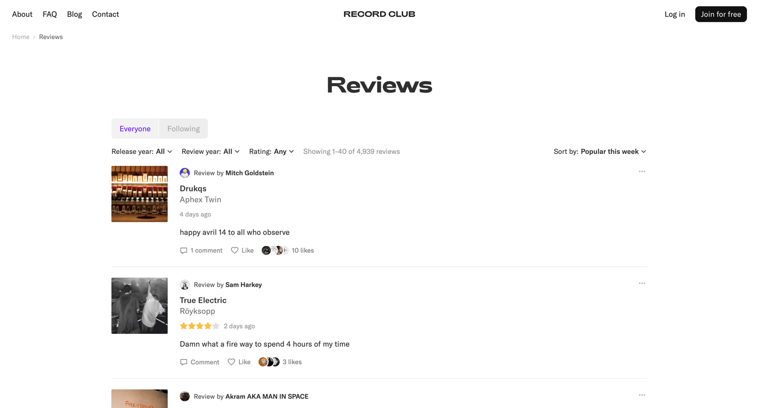 Record club - Reviews – Record Club screen