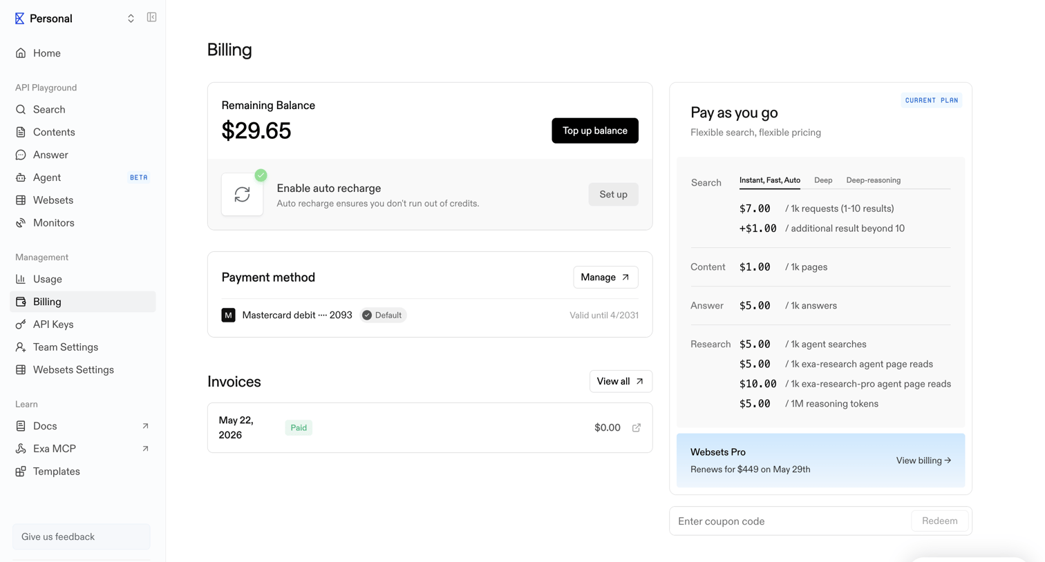 Exa - Billing | Exa API screen