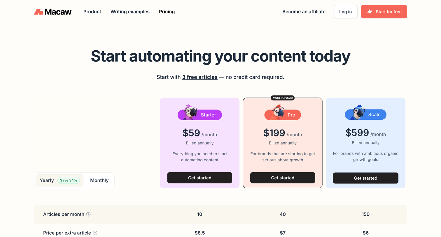 Macaw - Macaw Pricing screen