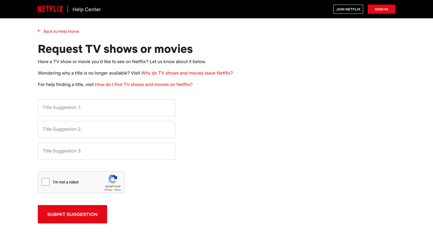 Netflix - Request TV shows or movies screen