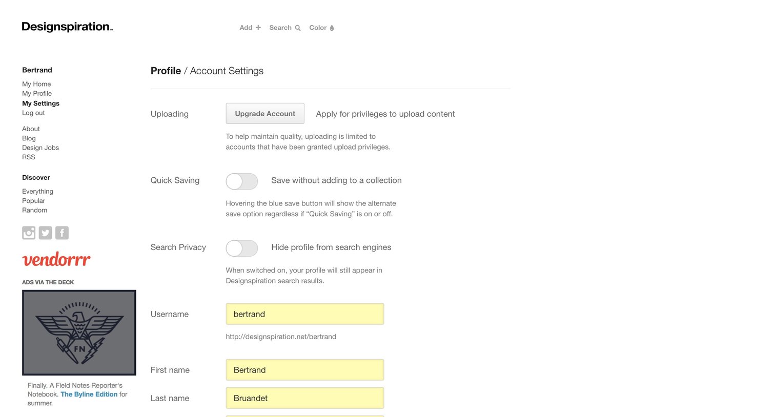 Designspiration - Settings screen