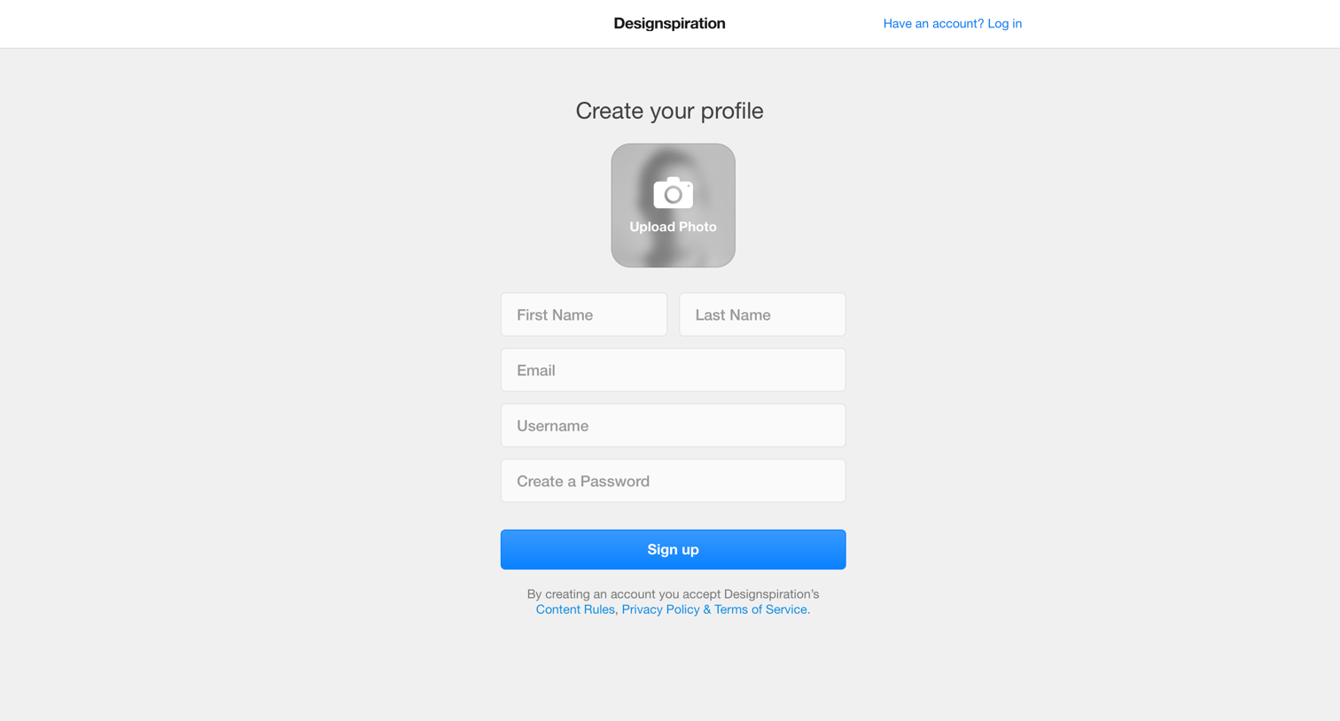Designspiration - Sign up screen