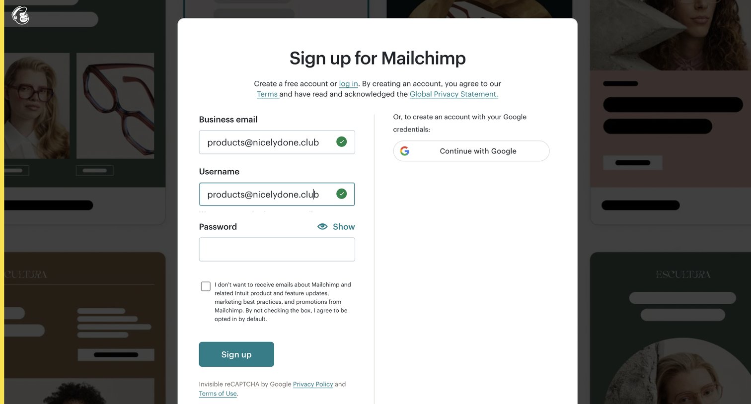 Mailchimp - Sign Up for Mailchimp screen