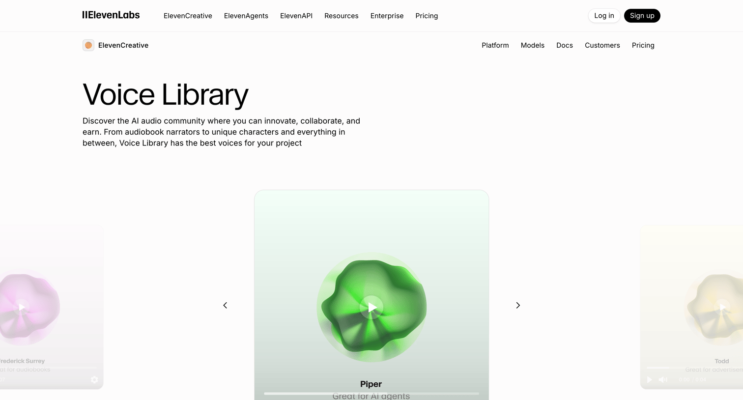 Elevenlabs - AI Voices for Every Project Explore Free Voice Samples screen