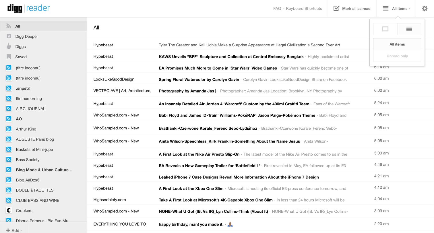 Digg reader - Dropdown screen