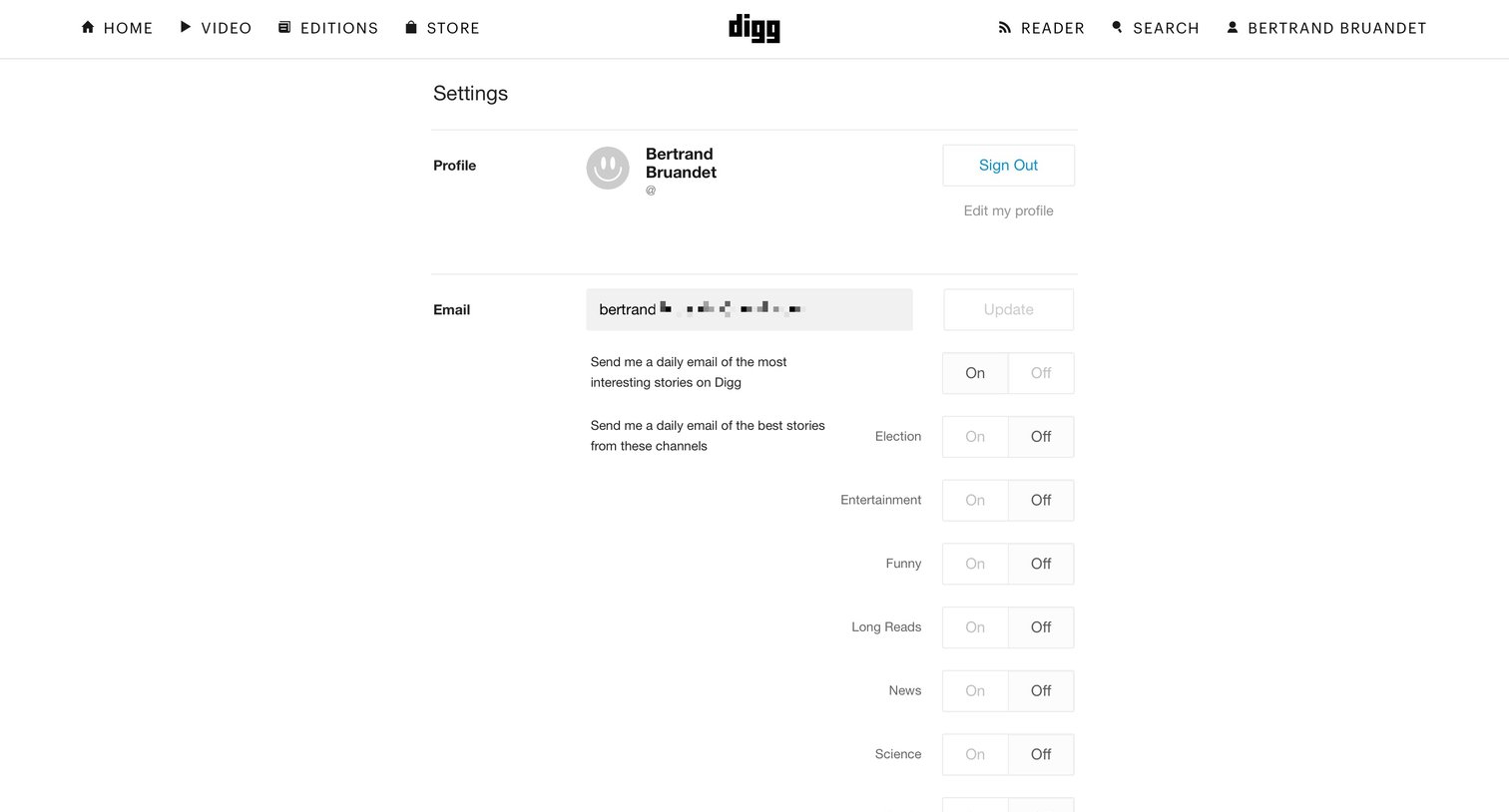 Digg reader - Settings screen