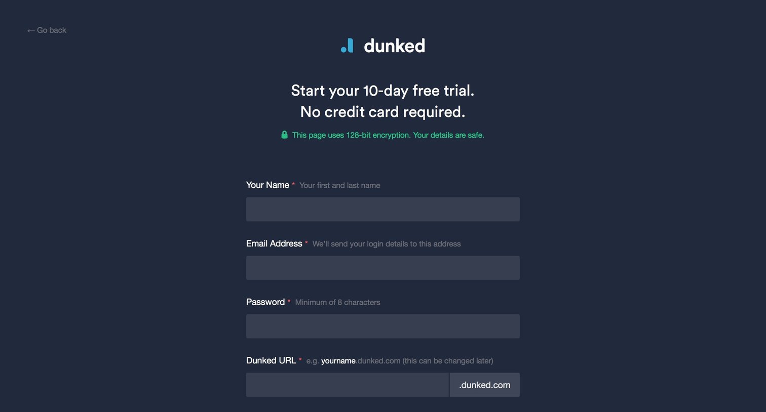 Dunked - Sign up screen