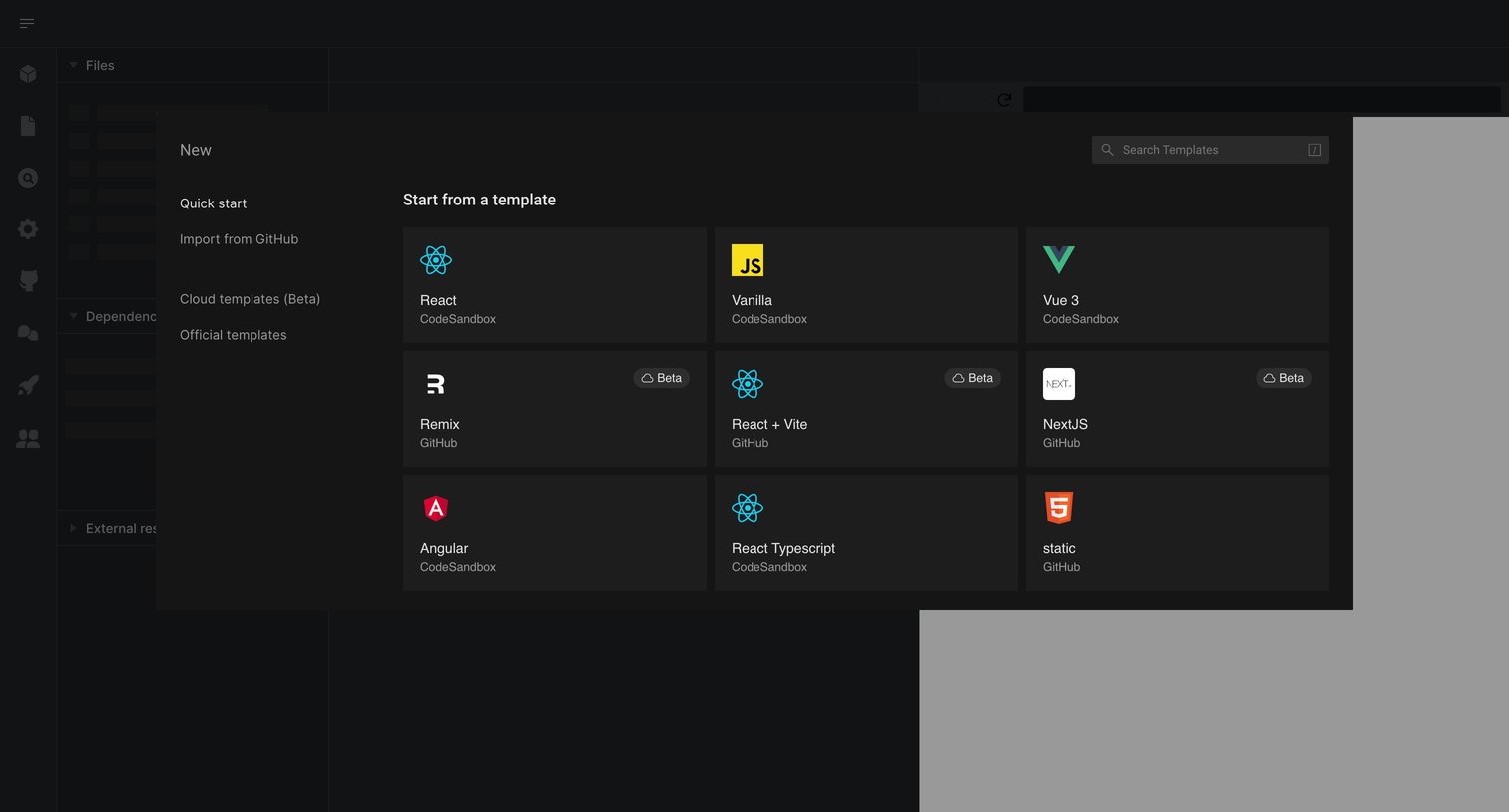 CodeSandbox - Create a new Sandbox - CodeSandbox screen
