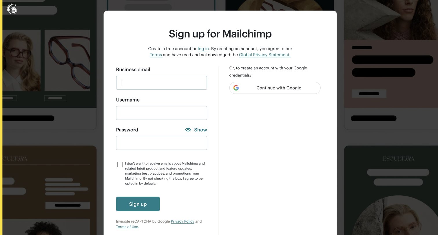 Mailchimp - Sign Up for Mailchimp screen