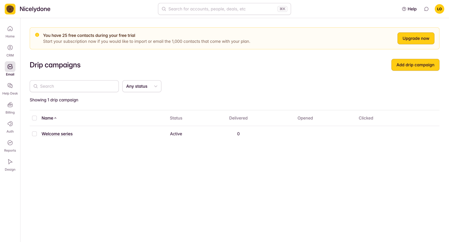 Outseta - View All Drip Campaigns screen