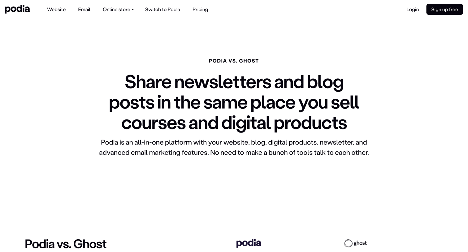 Podia - Podia vs. Ghost Which is best for blogs and newsletters | Podia screen